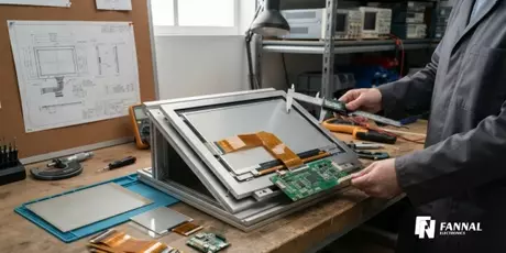 custom industrial touchscreen display prototype being evaluated on an engineering workbench.webp