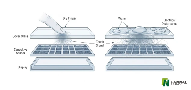 指が乾いている → 信号が比較的クリアであるのに対し、水がある → 追加の電気的障害。webp